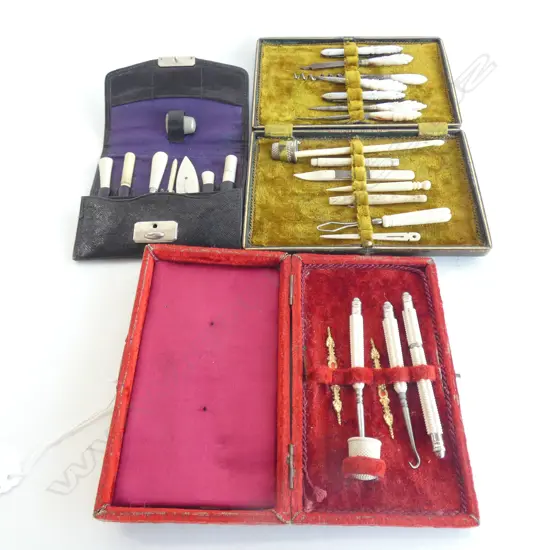 Three antique etui ladies companions sewing accessories, cased.